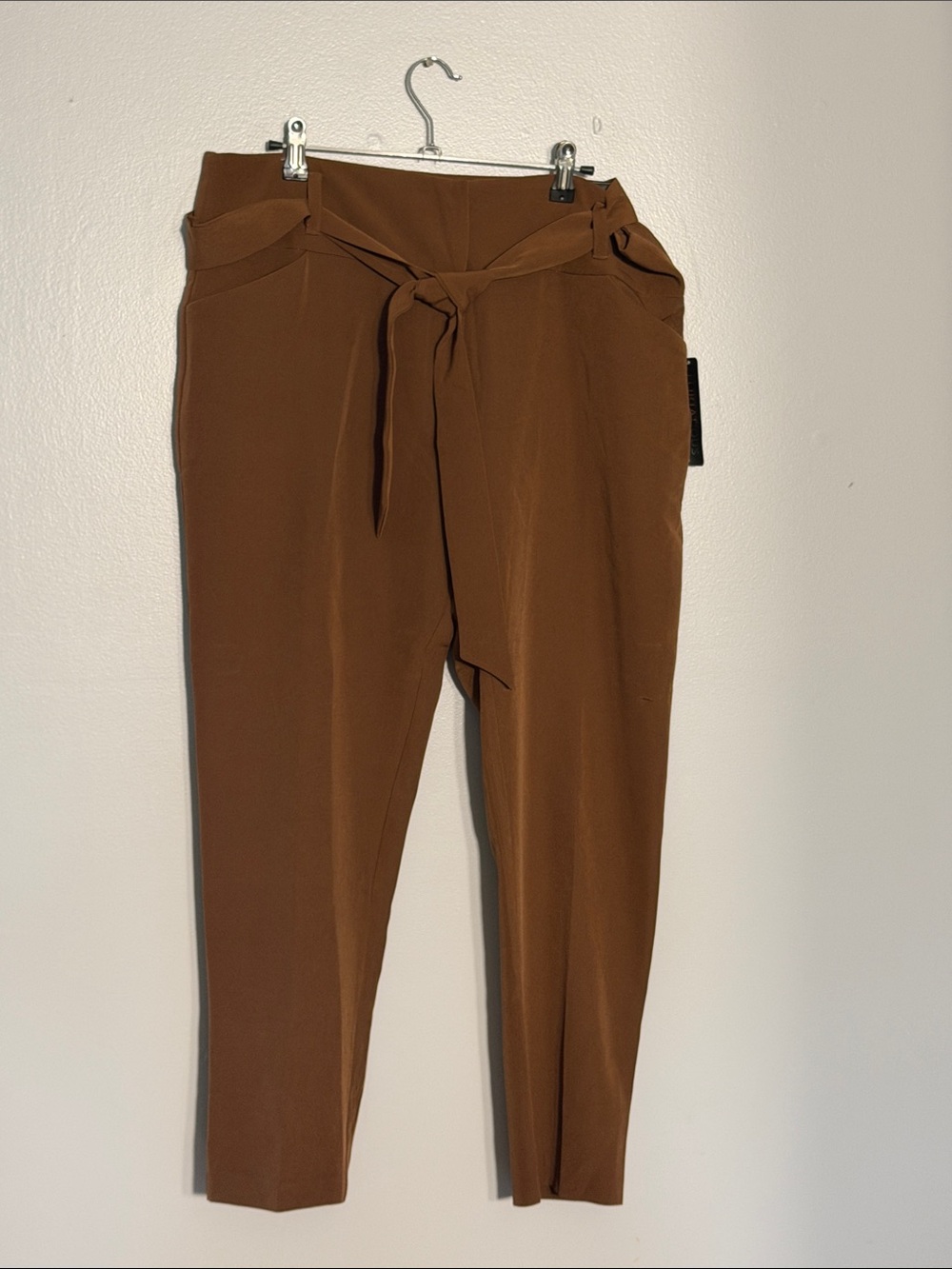 High-Rise Tie-Waist Brown Tapered Trousers